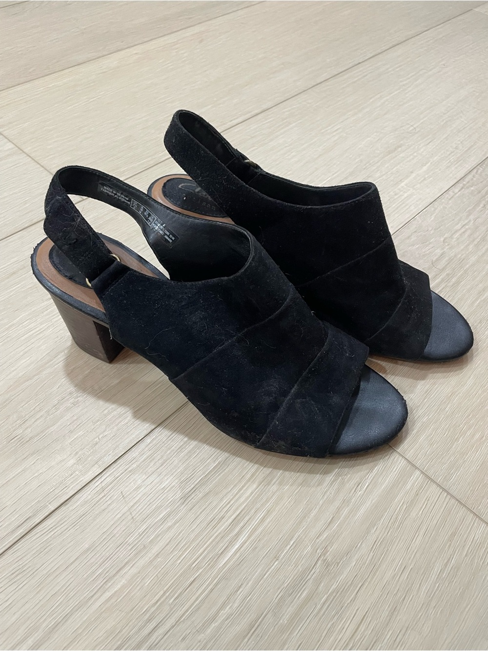 Clark’s Black Suede Peep-Toe Slingback Block Heels
